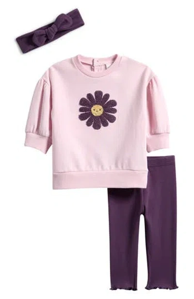 Pl Baby By Petit Lem Flower Tunic, Leggings & Headband Set In Pink