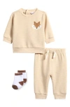 Pl Baby By Petit Lem Fox Stripe Top, Joggers & Socks Set In Neutral