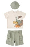 Pl Baby By Petit Lem Graphic T-shirt, Cargo Shorts & Cap Set In Olive Dino