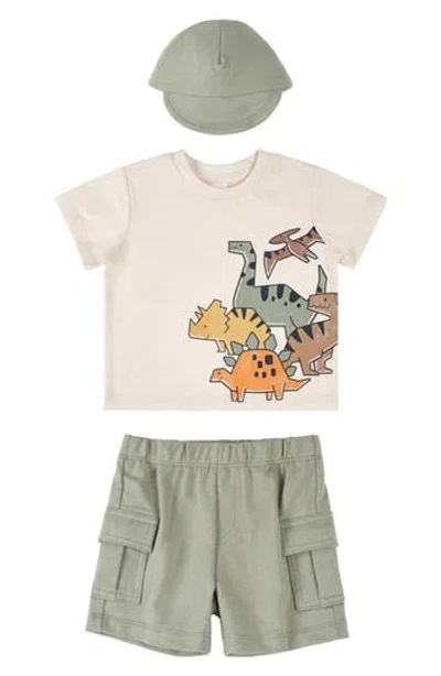 Pl Baby By Petit Lem Graphic T-shirt, Cargo Shorts & Cap Set In Olive Dino