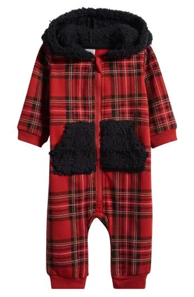 Pl Baby By Petit Lem High Pile Fleece Lined Plaid Coverall In Red