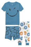 Pl Baby By Petit Lem Kids' 3-piece Pajamas In Blue Smiley