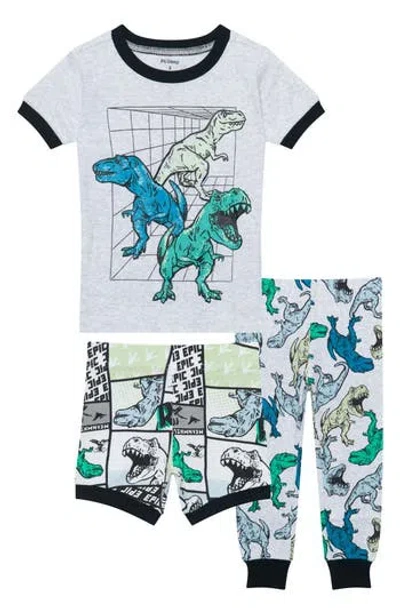 Pl Baby By Petit Lem Kids' 3-piece Pajamas In Light Heather Grey Dino
