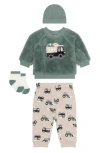Pl Baby By Petit Lem Kids' Faux Shearling Top & Joggers, Hat & Socks Set In Green