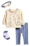 Pl Baby By Petit Lem Long Sleeve Top, Leggings, Headband & Socks Set In Neutral