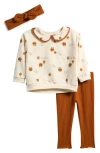 Pl Baby By Petit Lem Peter Pan Collar Top, Leggings & Headband Set In Neutral