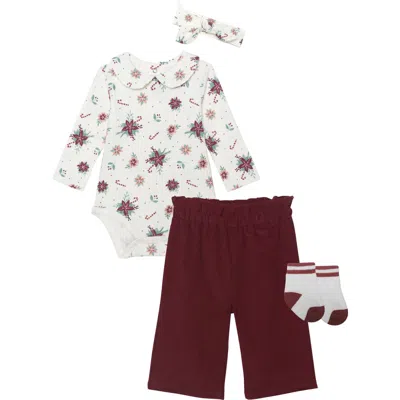 Pl Baby By Petit Lem Poinsetta Bodysuit, Pants, Socks & Headband Set