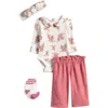 Pl Baby By Petit Lem Poinsetta Bodysuit, Pants, Socks & Headband Set In Pink