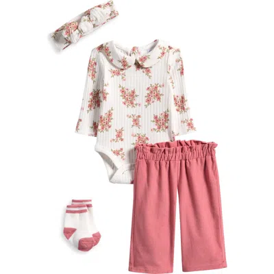 Pl Baby By Petit Lem Poinsetta Bodysuit, Pants, Socks & Headband Set In Pink