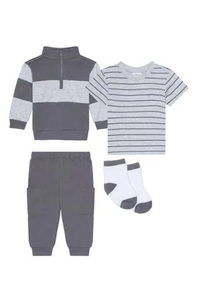 Pl Baby By Petit Lem Quarter Zip Pullover, T-shirt, Joggers & Socks Set In Gray
