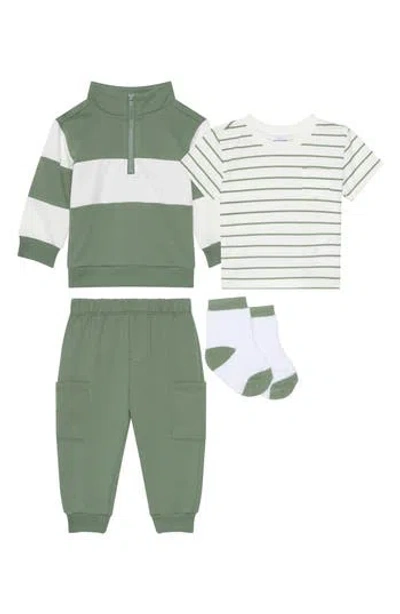 Pl Baby By Petit Lem Quarter Zip Pullover, T-shirt, Joggers & Socks Set In Green