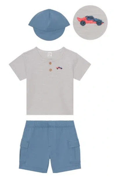 Pl Baby By Petit Lem Race Car Henley, Shorts & Baseball Cap Set In Multi
