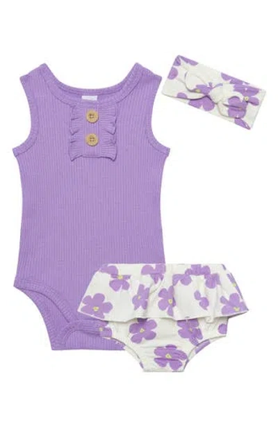Pl Baby By Petit Lem Ribbed Bodysuit, Skirted Bloomers & Headband Set In Purple