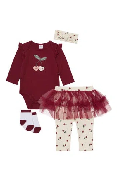 Pl Baby By Petit Lem Ruffle Bodysuit, Skirted Leggings, Headband & Socks Set In Burgundy