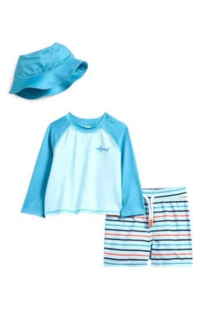 Pl Baby By Petit Lem Sun Hat, Rashguard & Swim Trunks Set In Blue
