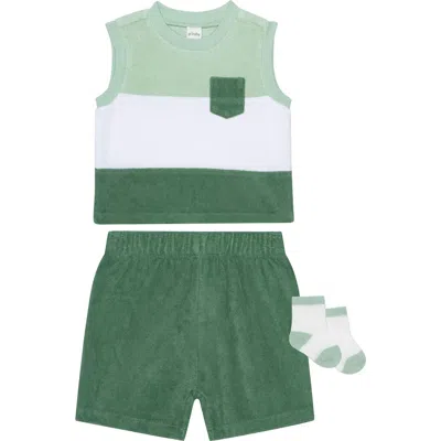 Pl Baby By Petit Lem Terry Tank, Shorts & Socks Set In Green
