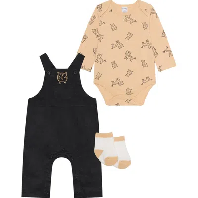 Pl Baby By Petit Lem Tiger Bodysuit, Overalls & Socks Set In Multi