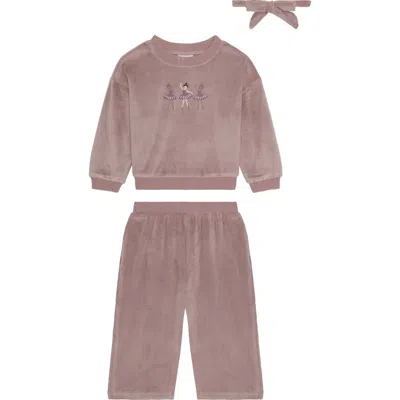 Pl Baby By Petit Lem Velour Top, Wide Leg Pants & Headband Set In Pink