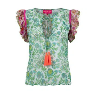 Place Du Soleil Short Sleeve Blouse In Green