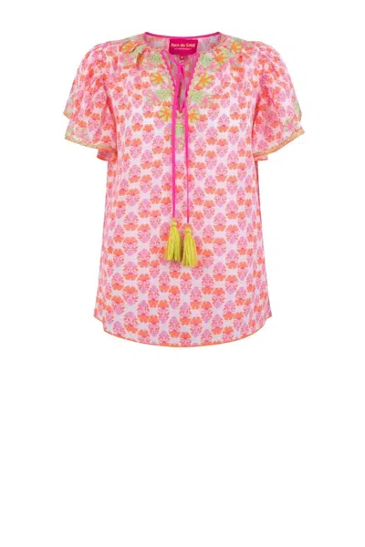 Place Du Soleil Women's Blouse In Orange Flowers In Pink