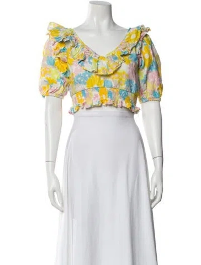 Pre-owned Place Nationale Linen Floral Print Crop Top In Yellow