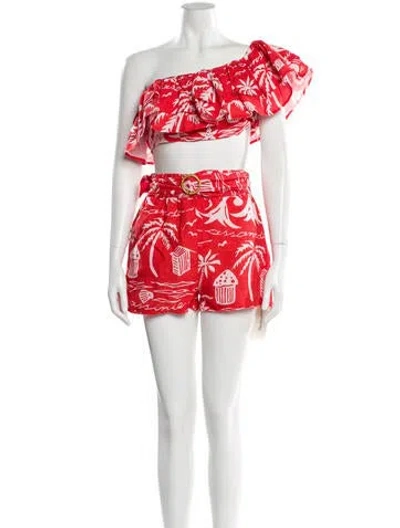 Pre-owned Place Nationale Linen Printed Short Set In Red