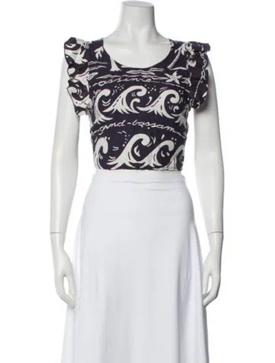 Pre-owned Place Nationale Printed Crew Neck Crop Top In White