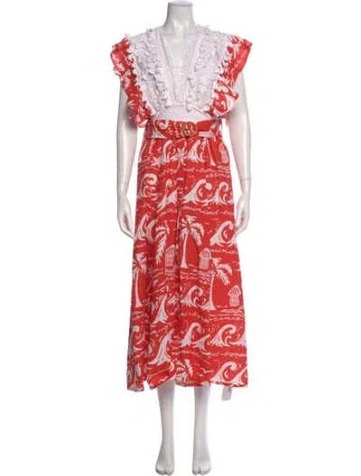 Pre-owned Place Nationale Printed Long Dress In Red