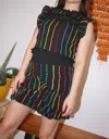 PLACE NATIONALE VINTAGE INSPIRED EMBROIDERED TOP IN BLACK/RAINBOW STRIPE