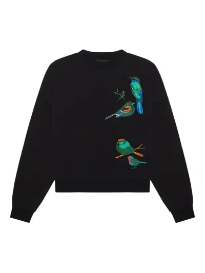 Place Of Elms Black Northern Birds Embroidered Fleece Crew Neck Sweater