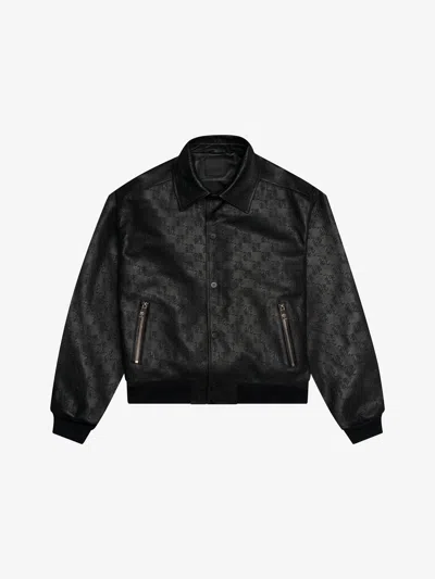 Place Of Elms Debossed Leather Bomber Jacket In Black