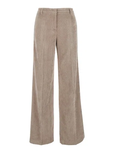 Plain Beige Pants With Concealed Closure In Courduroy Woman In Neutrals