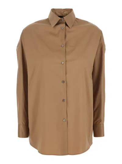 Plain Beige Shirt With Classic Collar And Curved Hem In Cotton Blend Woman