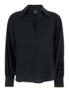 Plain Black Blouse With Polo Shirt Style Collar And V Neck In Black
