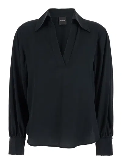 Plain Black Blouse With Polo Shirt Style Collar And V Neck In Georgette Woman
