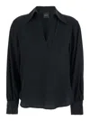 Plain Black Blouse With Polo Shirt Style Collar And V Neck