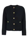 Plain Black Crewneck Cardigan With Jewel Buttons And Two Front Patch Pockets In Wool Woman In Blue