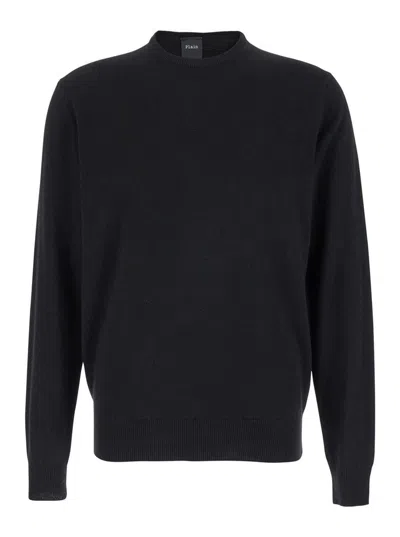 Plain Black Crewneck Sweater In Merino Wool And Silk Blend Man