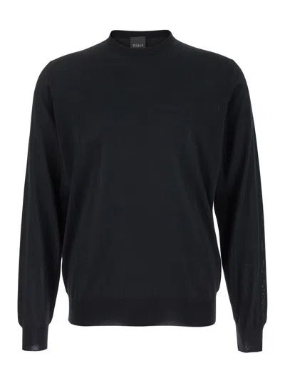 Plain Black Crewneck Sweater With Ribbed Trims In Wool Man