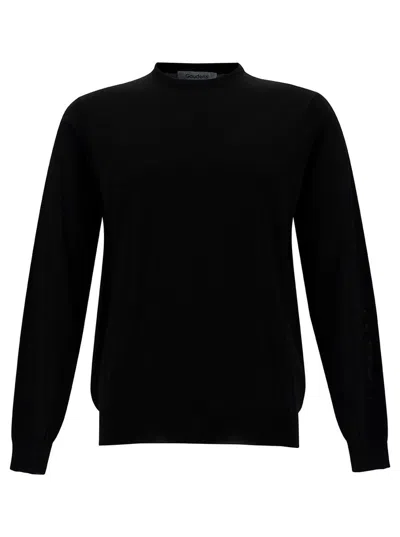 Plain Black Crewneck Sweater With Ribbed Trims In Wool Man