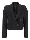 Plain Black Double-breasted Cropped Jacket With Peak Lapels In Black