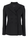 Plain Black Double-breasted Jacket With Peak Revers In Fabric Woman
