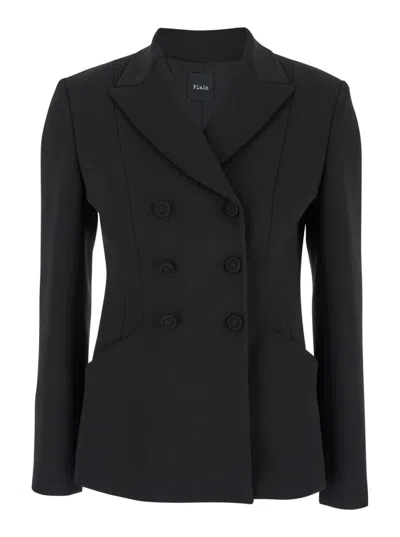 PLAIN PLAIN BLACK DOUBLE-BREASTED JACKET WITH PEAK REVERS IN FABRIC