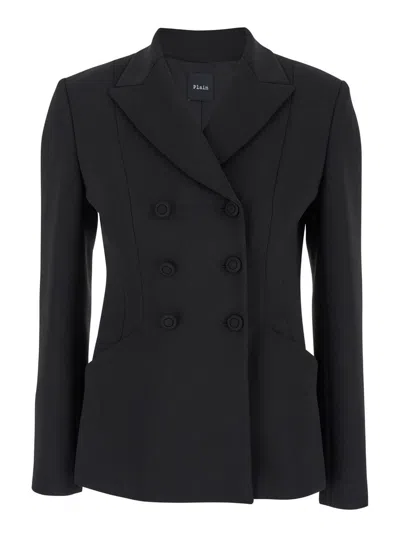 PLAIN BLACK DOUBLE-BREASTED JACKET WITH PEAK REVERS IN FABRIC WOMAN