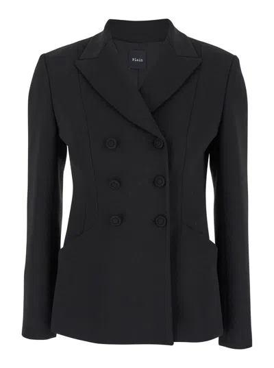 PLAIN BLACK DOUBLE-BREASTED JACKET WITH PEAK REVERS IN FABRIC WOMAN