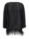 PLAIN BLACK FEATHER DETAIL CREW NECK BLOUSE IN SATIN FABRIC WOMAN