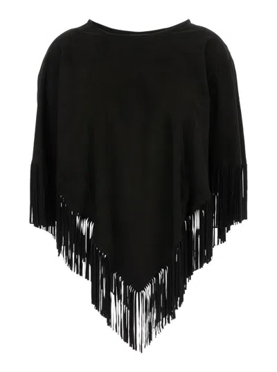 Plain Black Fringed Suede Poncho In Leather Woman