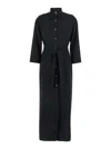 Plain Black Long Dress With Classic Collar And Front Button Closure In Fabric Woman