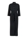 Plain Black Long Dress With Classic Collar And Front Button Closure In Fabric Woman