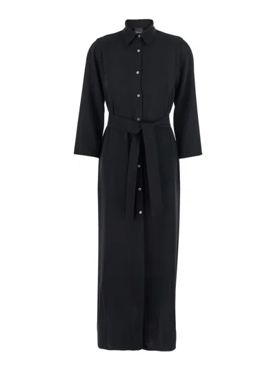 PLAIN BLACK LONG DRESS WITH CLASSIC COLLAR AND FRONT BUTTON CLOSURE IN FABRIC WOMAN